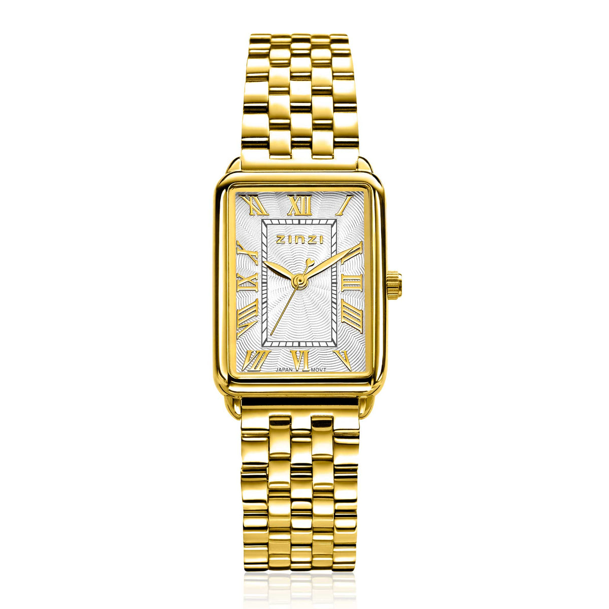 Geelgoudkleurig horloge van staal met een rechthoekige wijzerplaat en Romeinse cijfers.