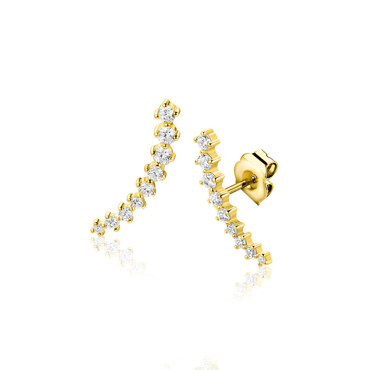 Goudplated zilveren oorstekers met asymmetrische curve en heldere steentjes.