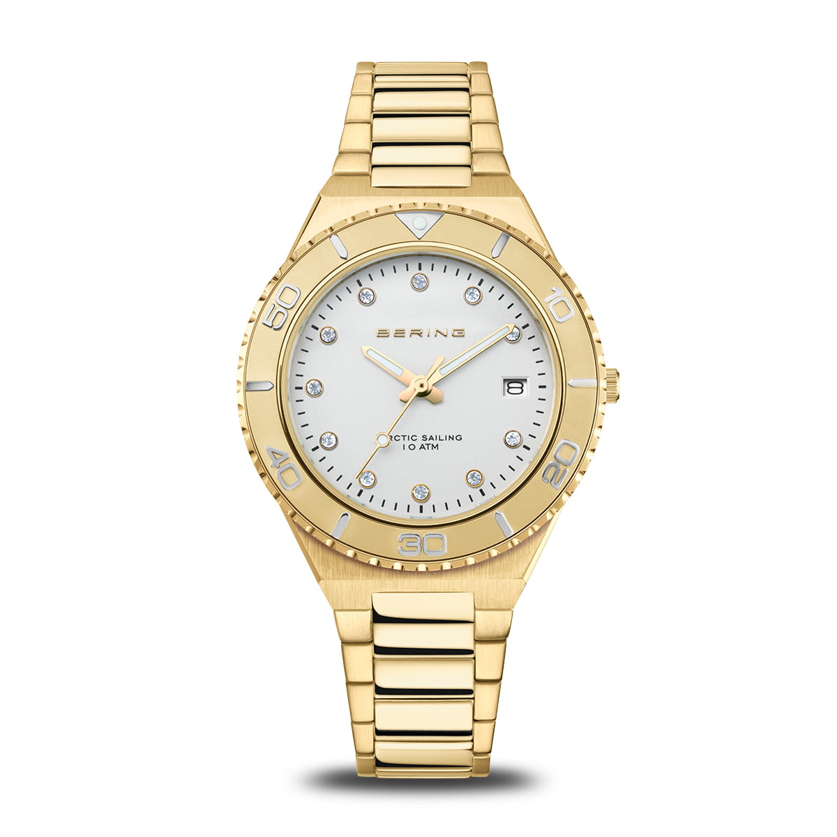 Gouden dames horloge met witte wijzerplaat en datumaanduiding, voorzien van een schakelband.