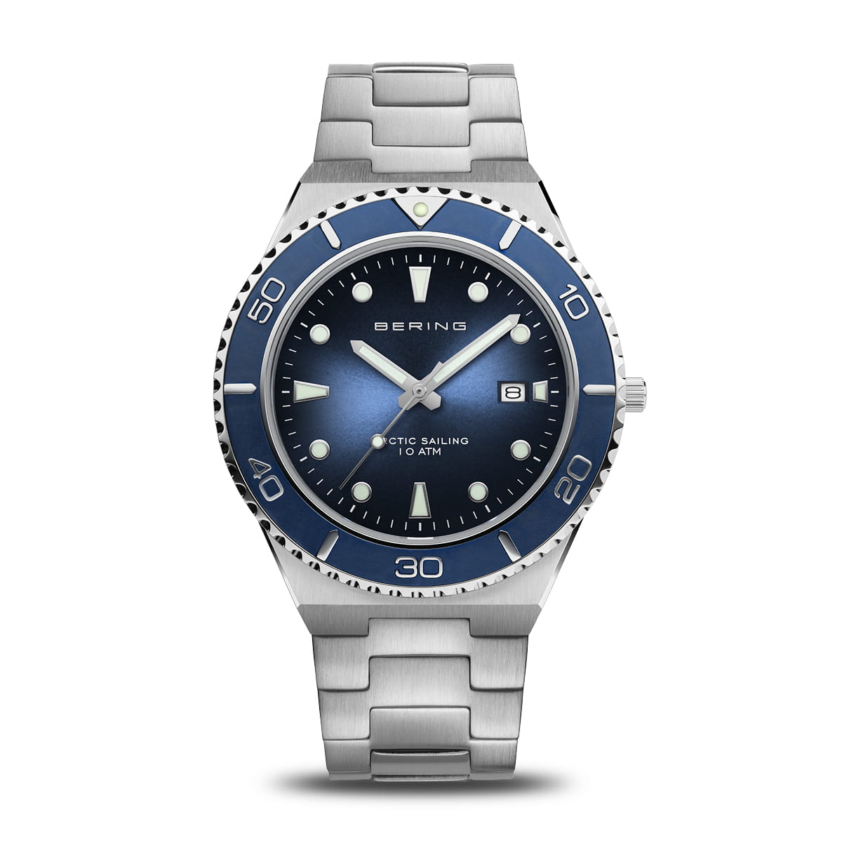 Heren horloge met blauwe wijzerplaat, zilveren kast en schakelband, duikring met markeringen.
