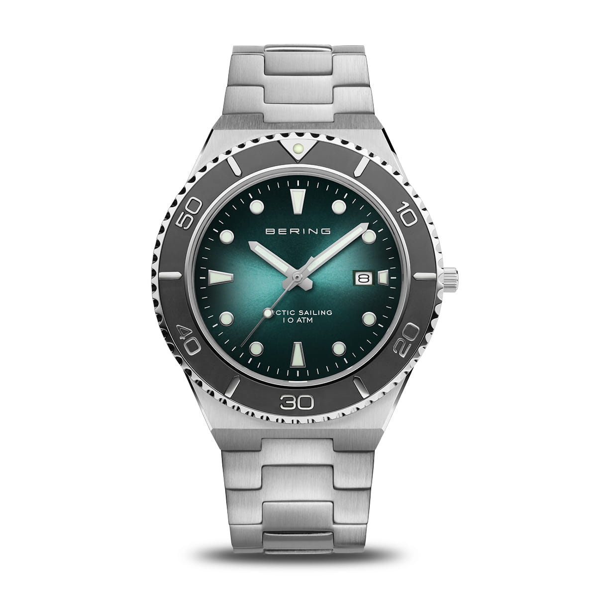 Heren horloge met groene wijzerplaat, zilveren stalen band en zwarte lunette.