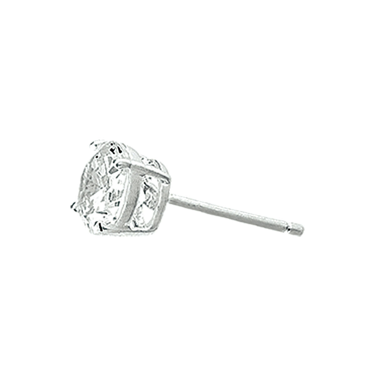 Een enkele oorknoppen zirkonia zilver wit van Van der Kooij Collectie, gezet in een vierpoots zetting, getoond op een witte achtergrond.