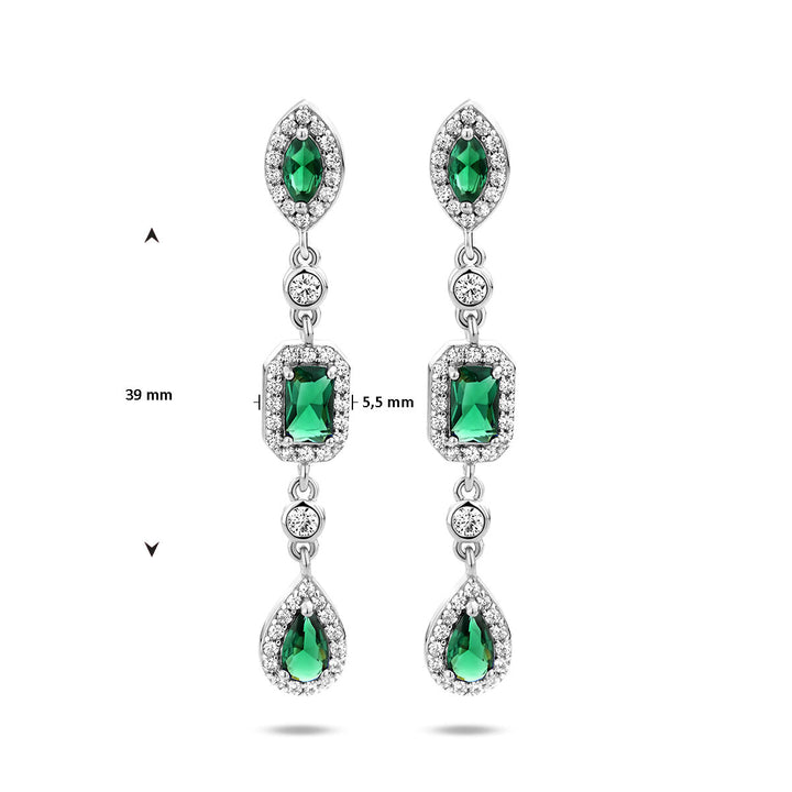 earrings white and green zirconia silver rhodium plated
