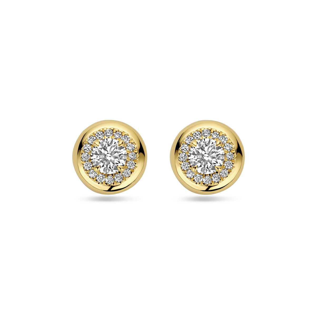 Oorknoppen van 14K geelgoud met lab grown diamanten van 0.75ct, omringd door een gouden rand.