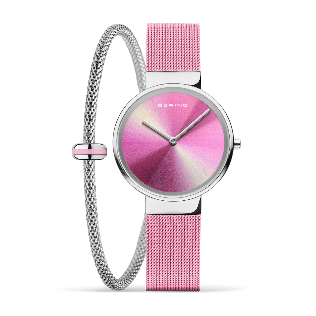 Dames horloge met meerkleurige wijzerplaat in roze tinten, zilveren kast en mesh-band in zilver.