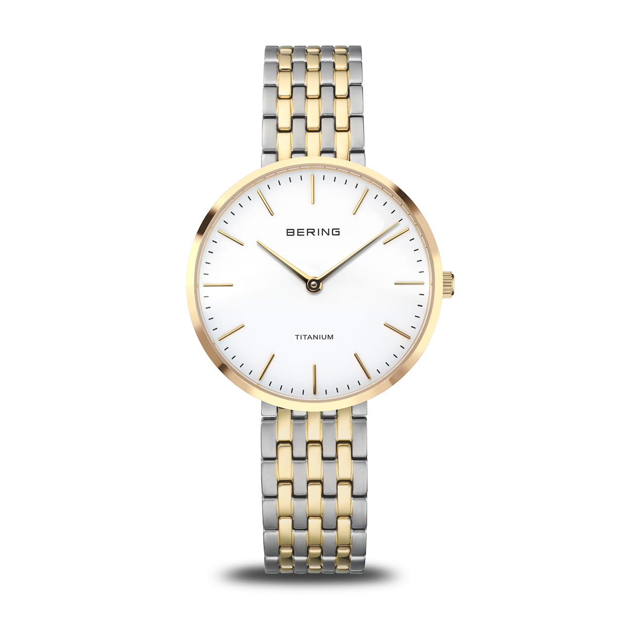 Dameshorloge met witte wijzerplaat, goudkleurige en zilverkleurige titanium band, minimalistisch design.