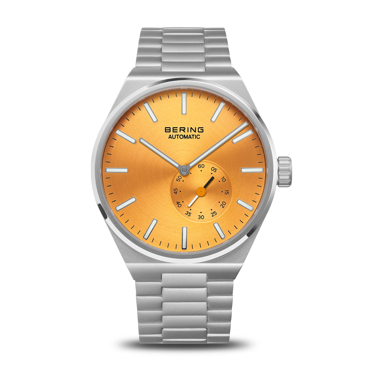 Heren horloge met oranje wijzerplaat, zilveren kast en armband, automatische beweging en subdial.