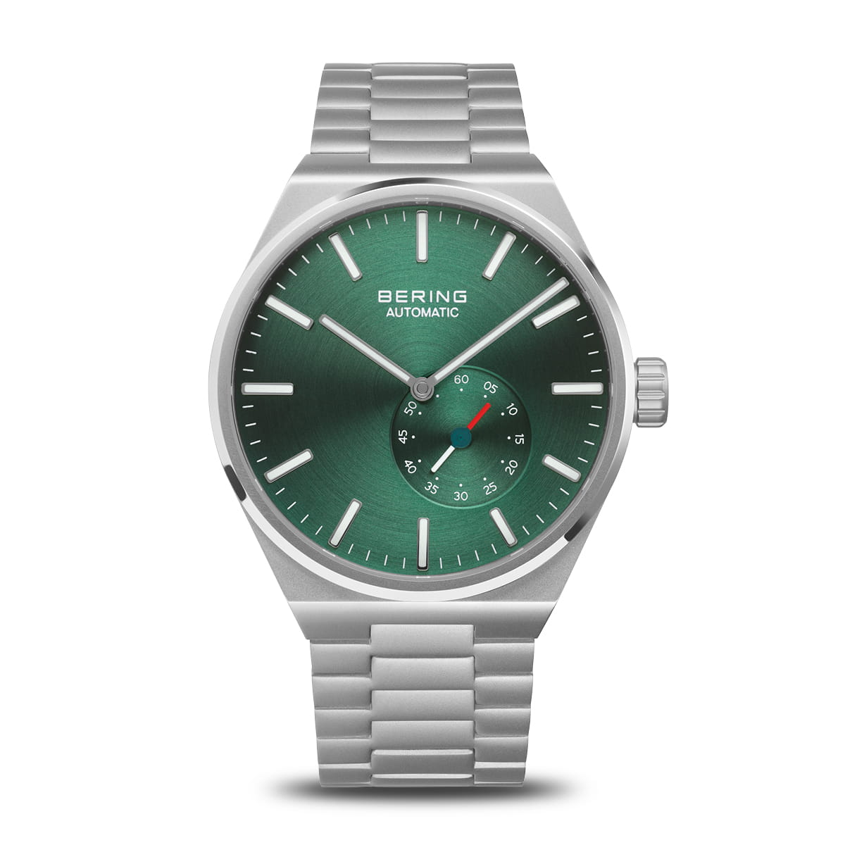 Heren horloge met groene wijzerplaat, zilveren kast en mesh-band, voorzien van een kleine secondewijzer.