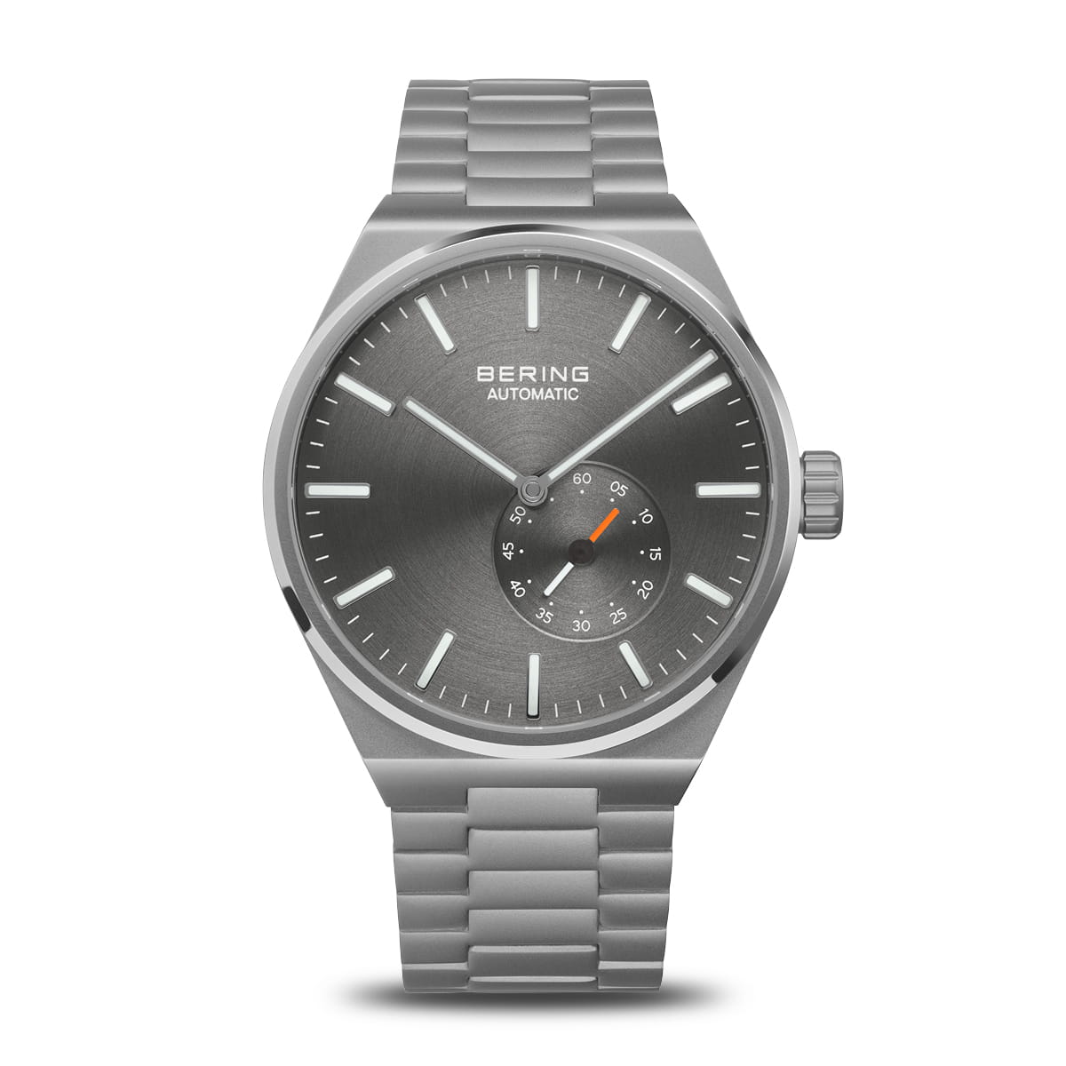 Heren horloge met grijze wijzerplaat, staal, automatische beweging, en een subtiele secondewijzer.