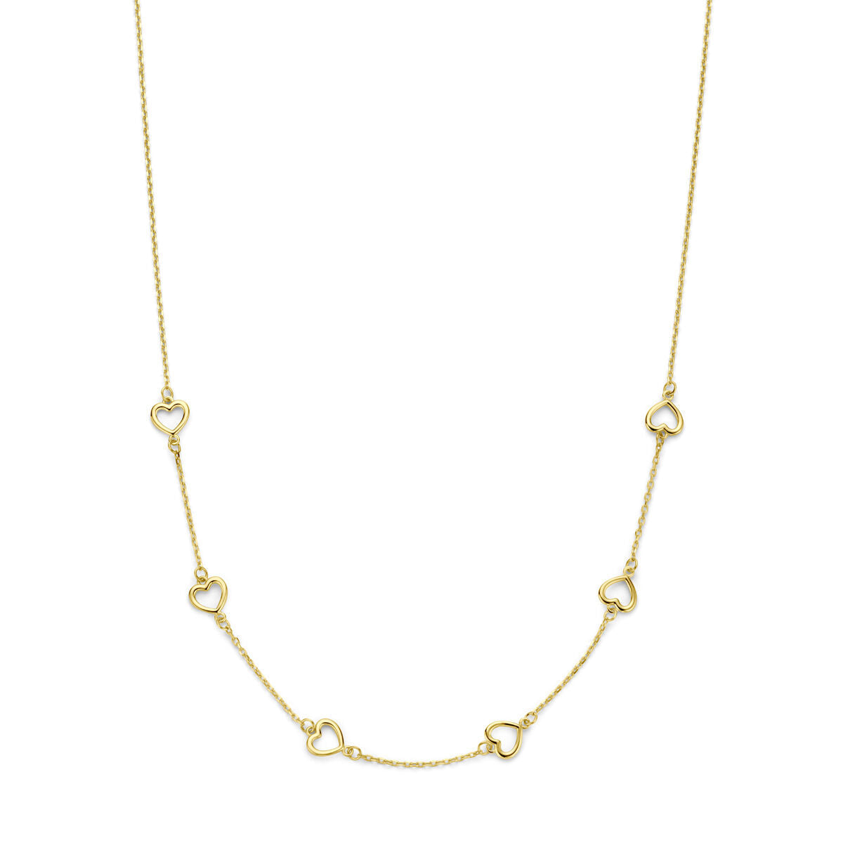 De Gouden dames ketting hartjes 14K van Van der Kooij Collectie heeft delicate open hart bedels gelijkmatig verdeeld langs een fijne gouden ketting.