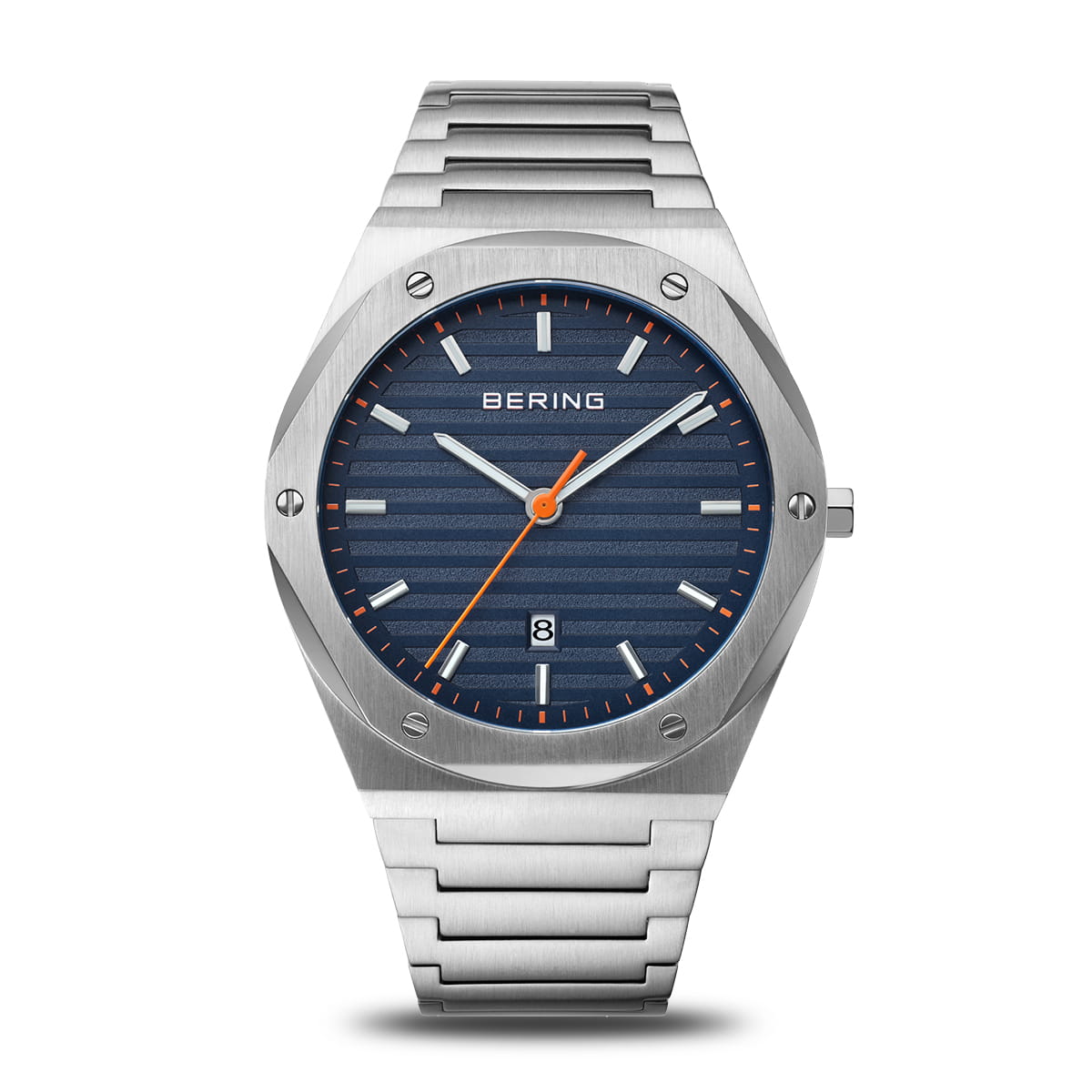 Heren horloge met blauwe wijzerplaat, zilveren stalen kast en band, opvallende oranje accenten.