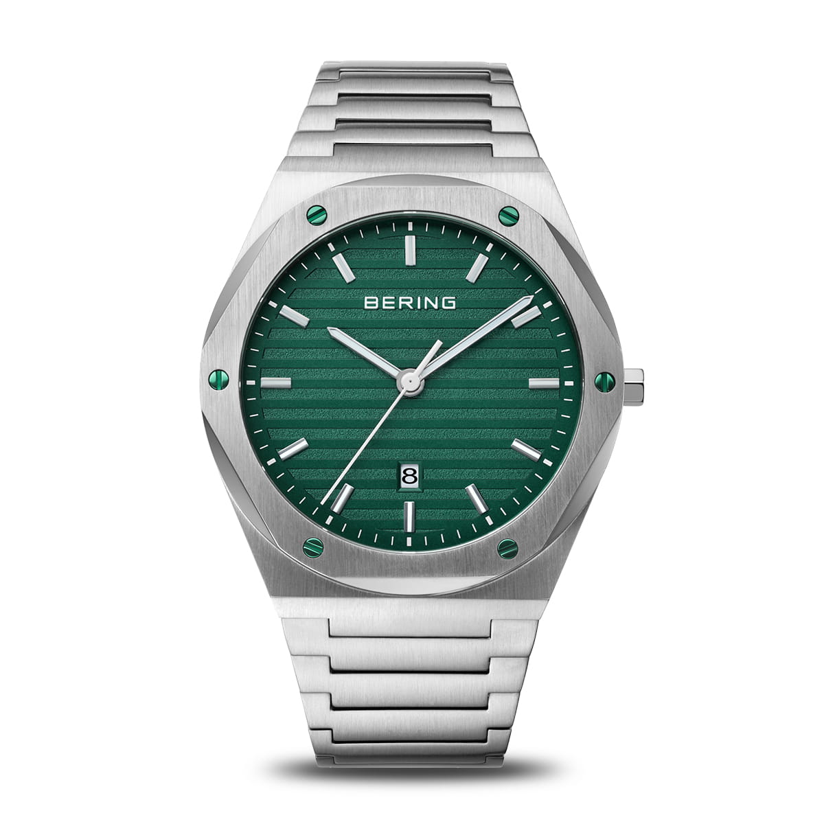 Heren horloge met groene wijzerplaat, zilveren kast en armband, en groene details op de indexen.