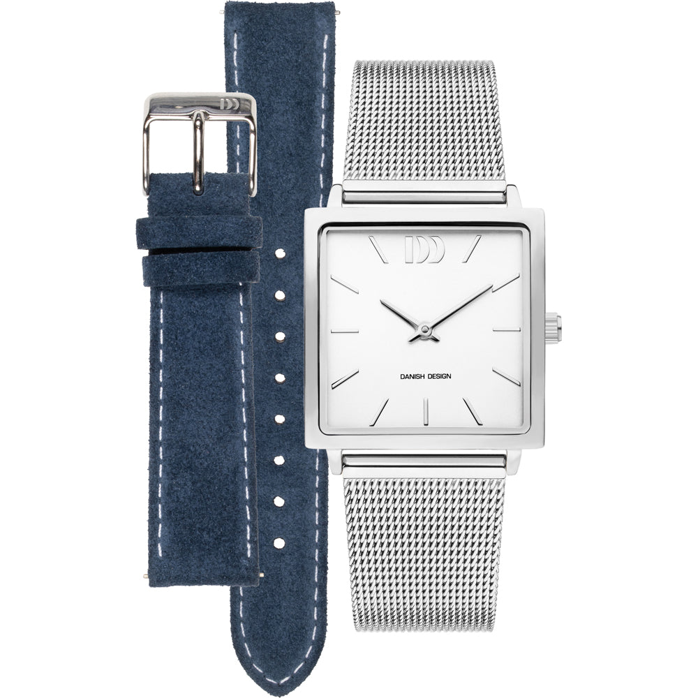 Zilveren vierkant horloge met witte wijzerplaat, inclusief blauwe suède en mesh-band.