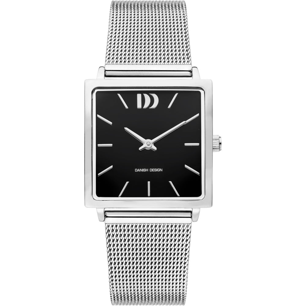 Zilveren horloge met vierkante kast, zwarte wijzerplaat en mesh-band.