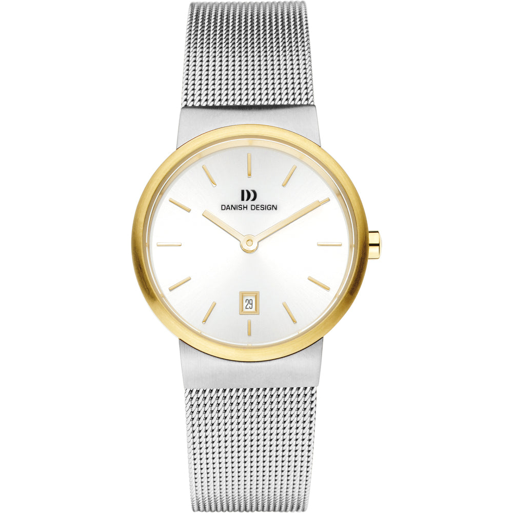 Gouden horloge met zilveren mesh-band, witte wijzerplaat en gouden indexen.