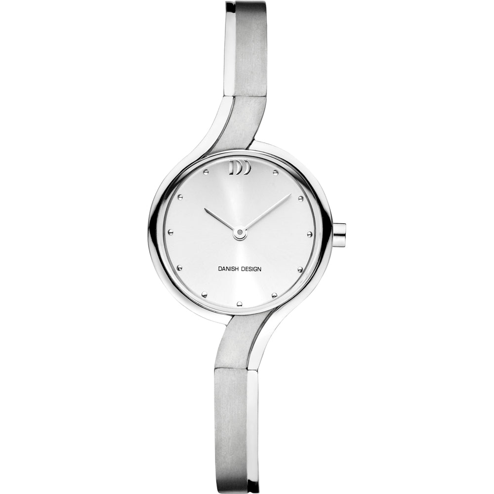 Zilveren horloge met een ronde wijzerplaat en een strakke, minimalistische band.