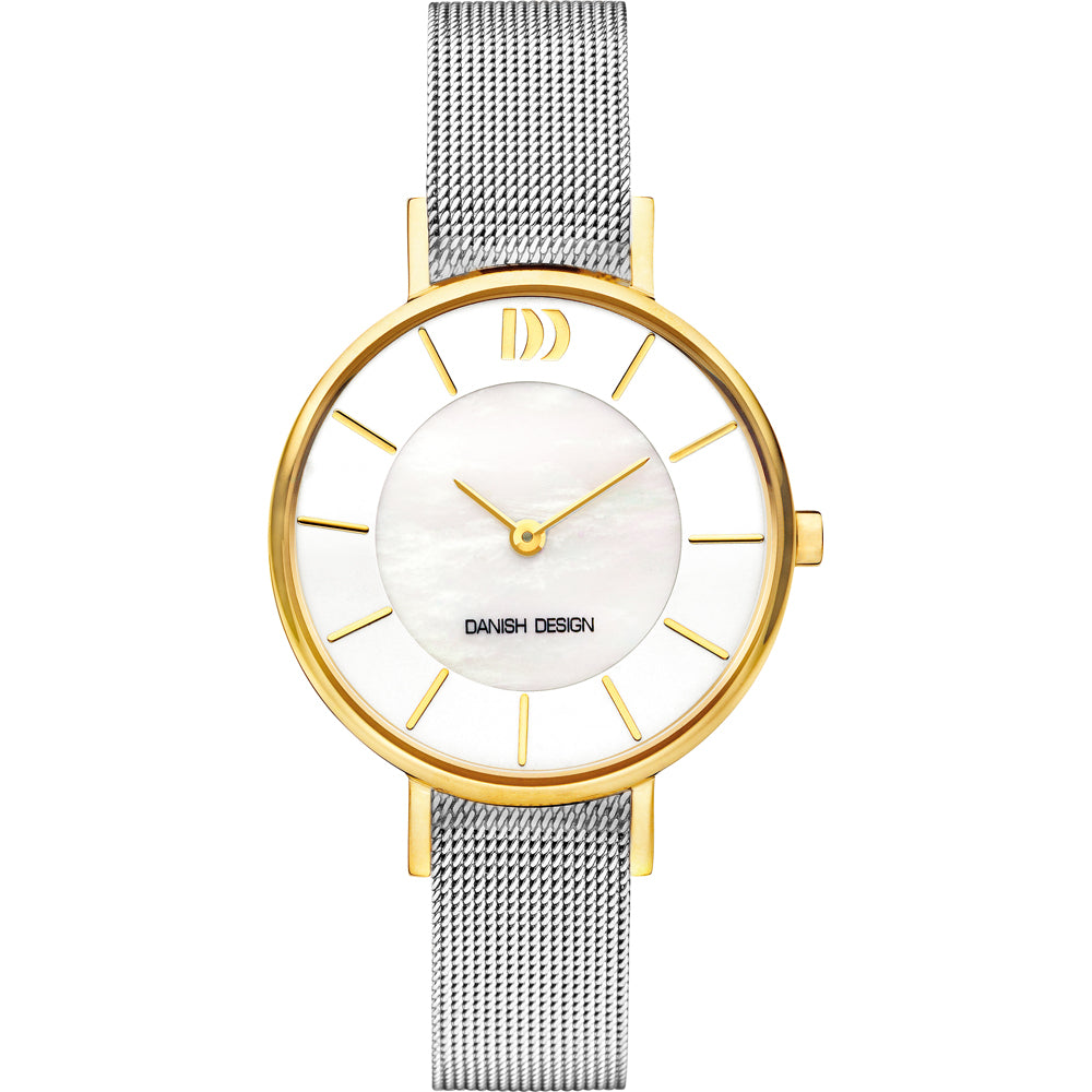 Gouden horloge met een parelmoeren wijzerplaat en een zilveren mesh-band.