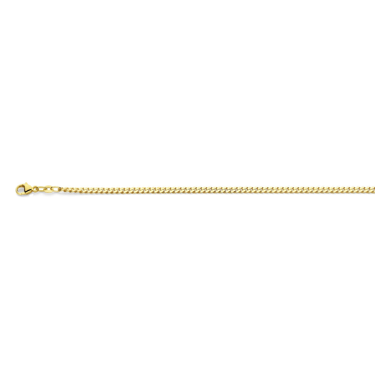 De Van der Kooij Collectie Gouden ketting heren heeft een 2,7 mm massief 14K gourmette schakel, geslepen aan 4 zijdes, en ligt in een rechte lijn op een witte achtergrond.