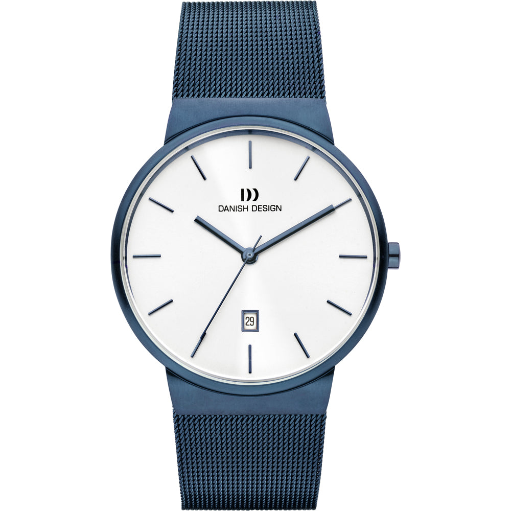 Blauw horloge met een witte wijzerplaat, metalen mesh-band en datumweergave.