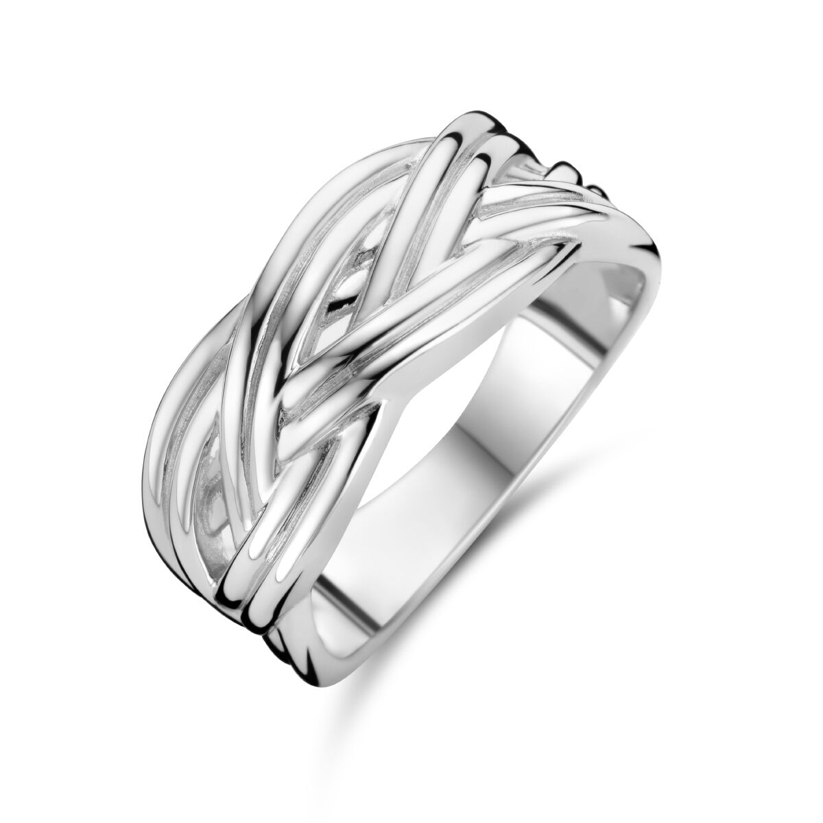 De ring gevlochten zilver gerhodineerd van Van der Kooij Collectie heeft een ingewikkeld geweven ontwerp met in elkaar overlopende banden, afgebeeld op een witte achtergrond.