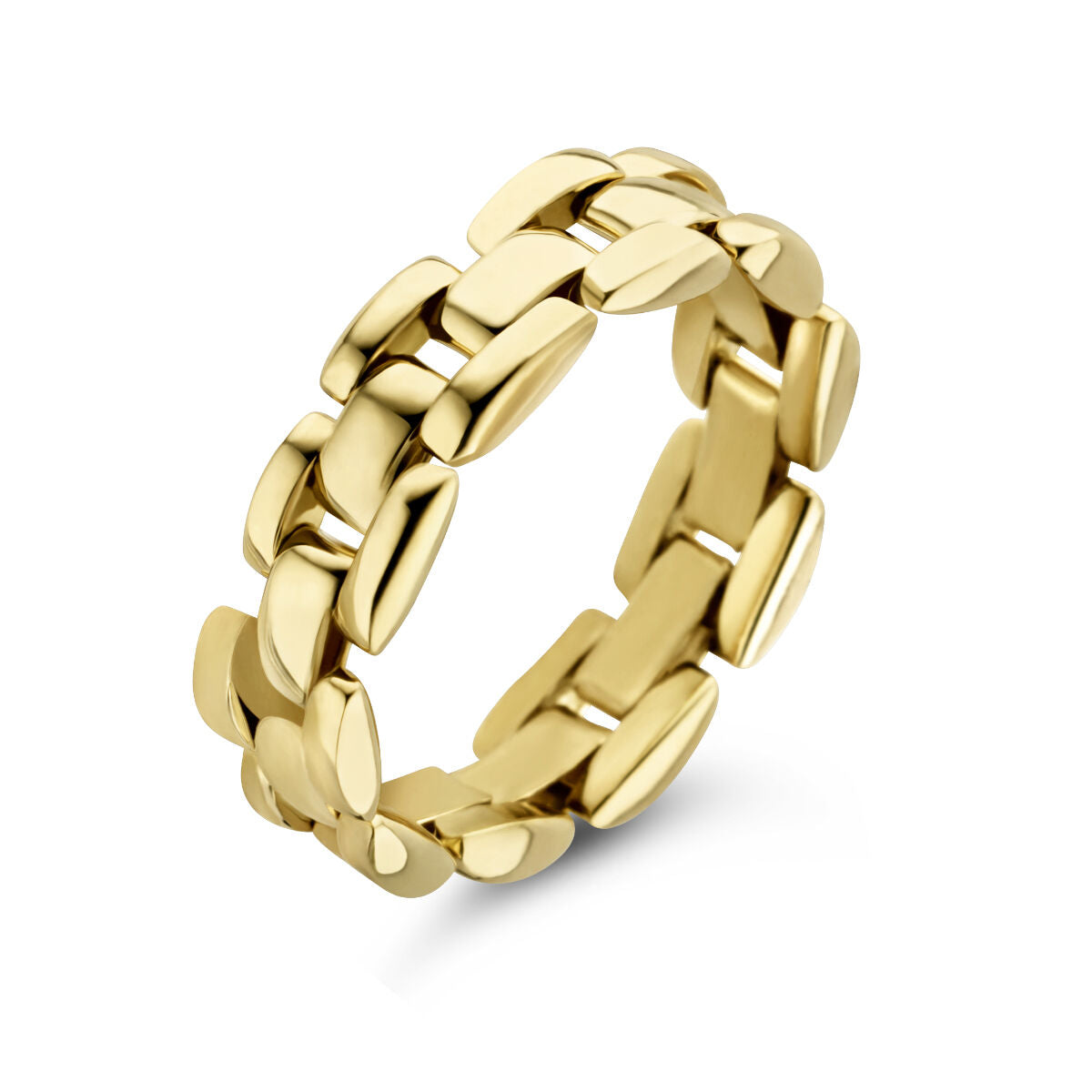 De Van der Kooij Collectie ring flexibele schakel 14K geelgoud is een damesring met in elkaar grijpende, rechthoekige schakels en afgeronde randen in gepolijst geelgoud, getoond op een witte achtergrond.