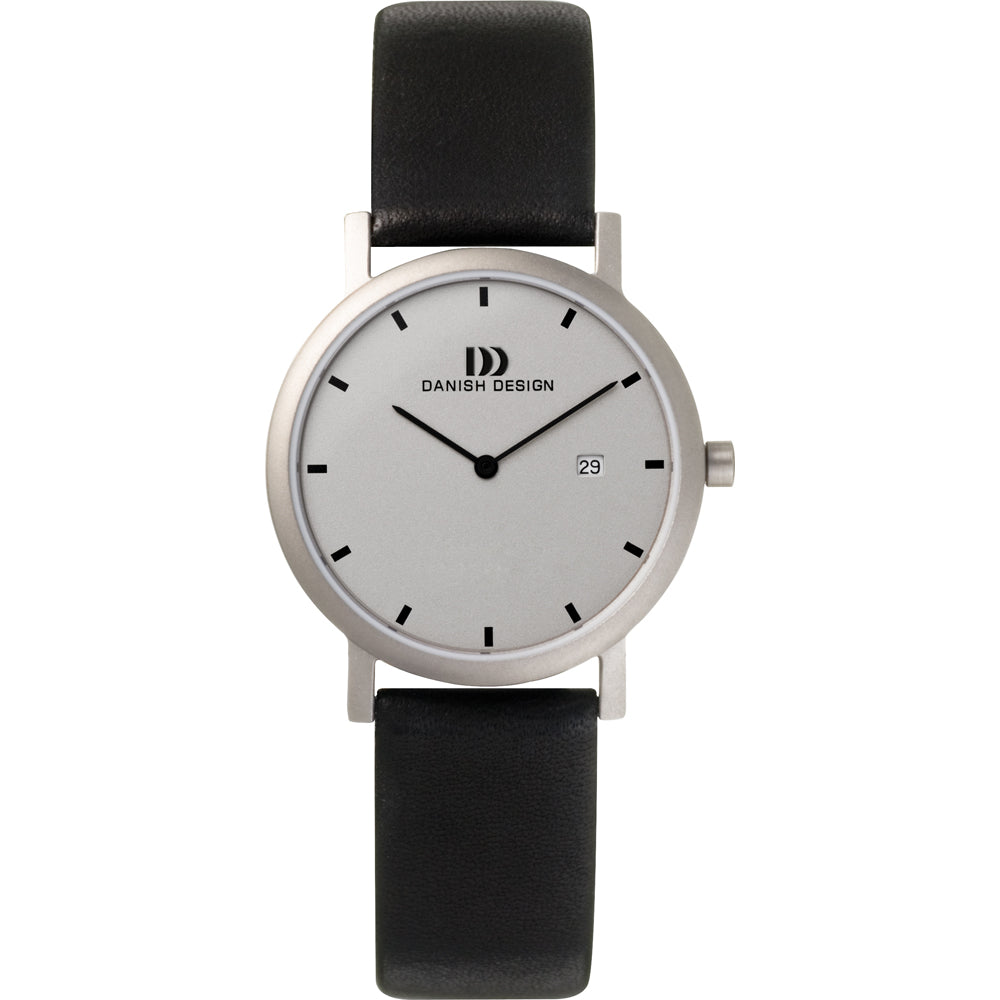 Zilveren horloge met witte wijzerplaat en zwarte leren band.