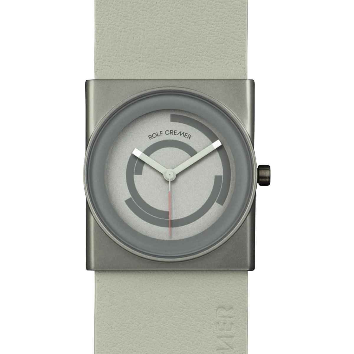 Grijs Rolf Cremer horloge met een vierkante kast, witte wijzerplaat en leren band.