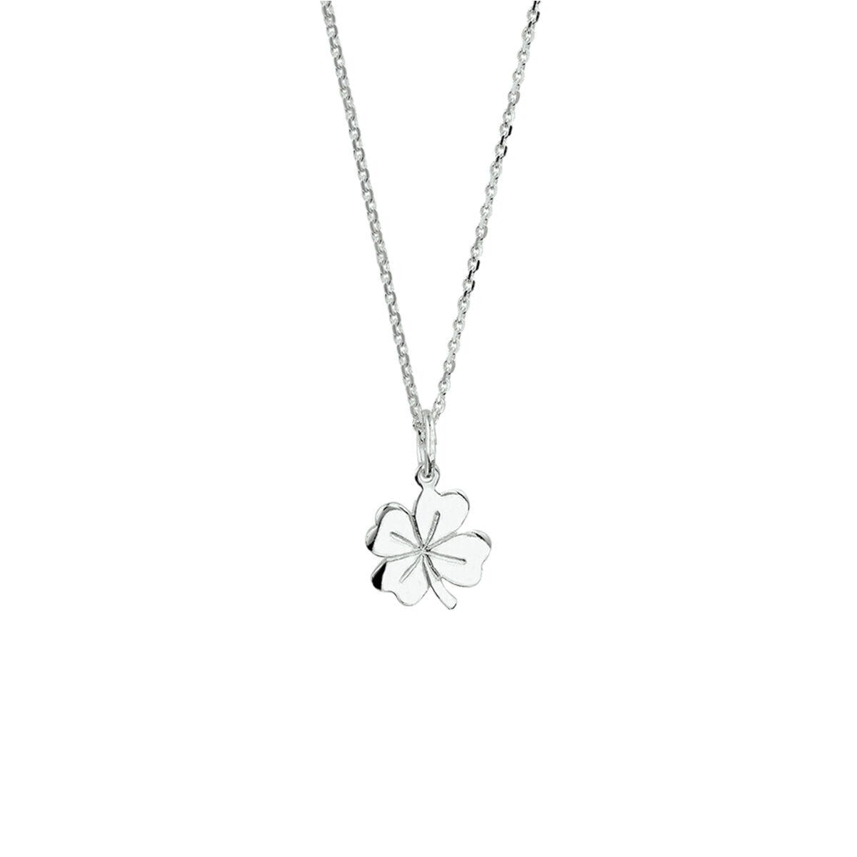 Zilveren collier met een klaverblad hanger, lengte 41 + 4 cm.