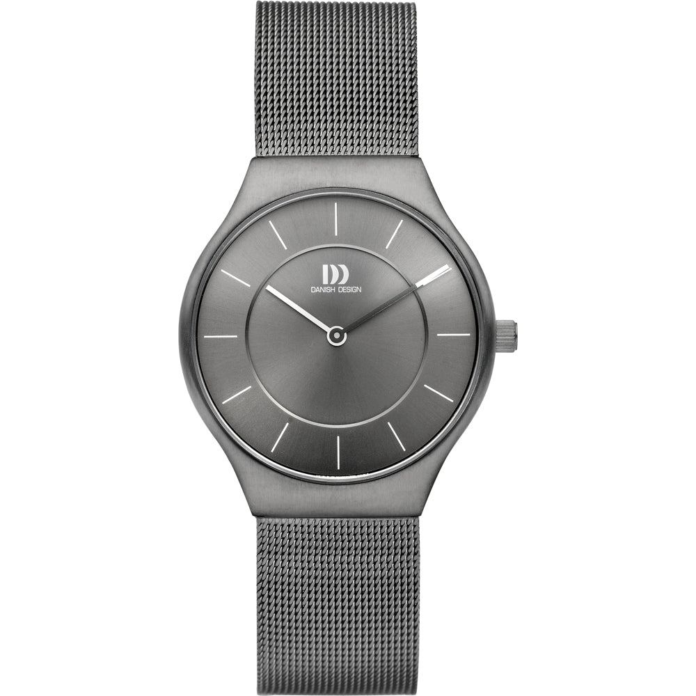 Grijs horloge met een metalen mesh-band en een minimalistische wijzerplaat zonder cijfers.
