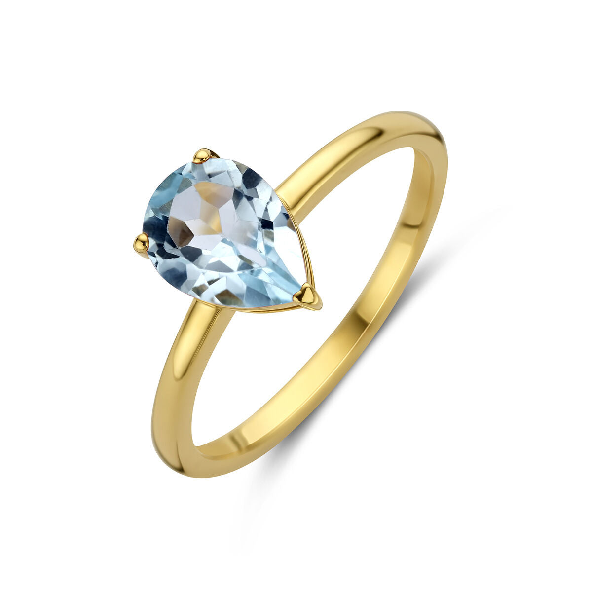Ring van 14K geelgoud met een peervormige blauwe topaas.