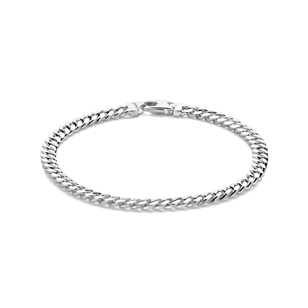 De Van der Kooij Collectie Zilveren armband heren gourmette 5,0 mm heeft een gepolijst 925 zilver plat curb schakelontwerp en een karabijnsluiting, afgebeeld op een witte achtergrond.