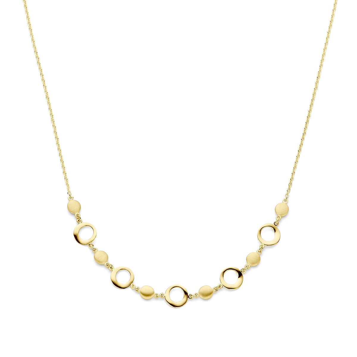 Collier van 14K geelgoud met een combinatie van matte en gepolijste schakels, lengte 42 + 2 cm.