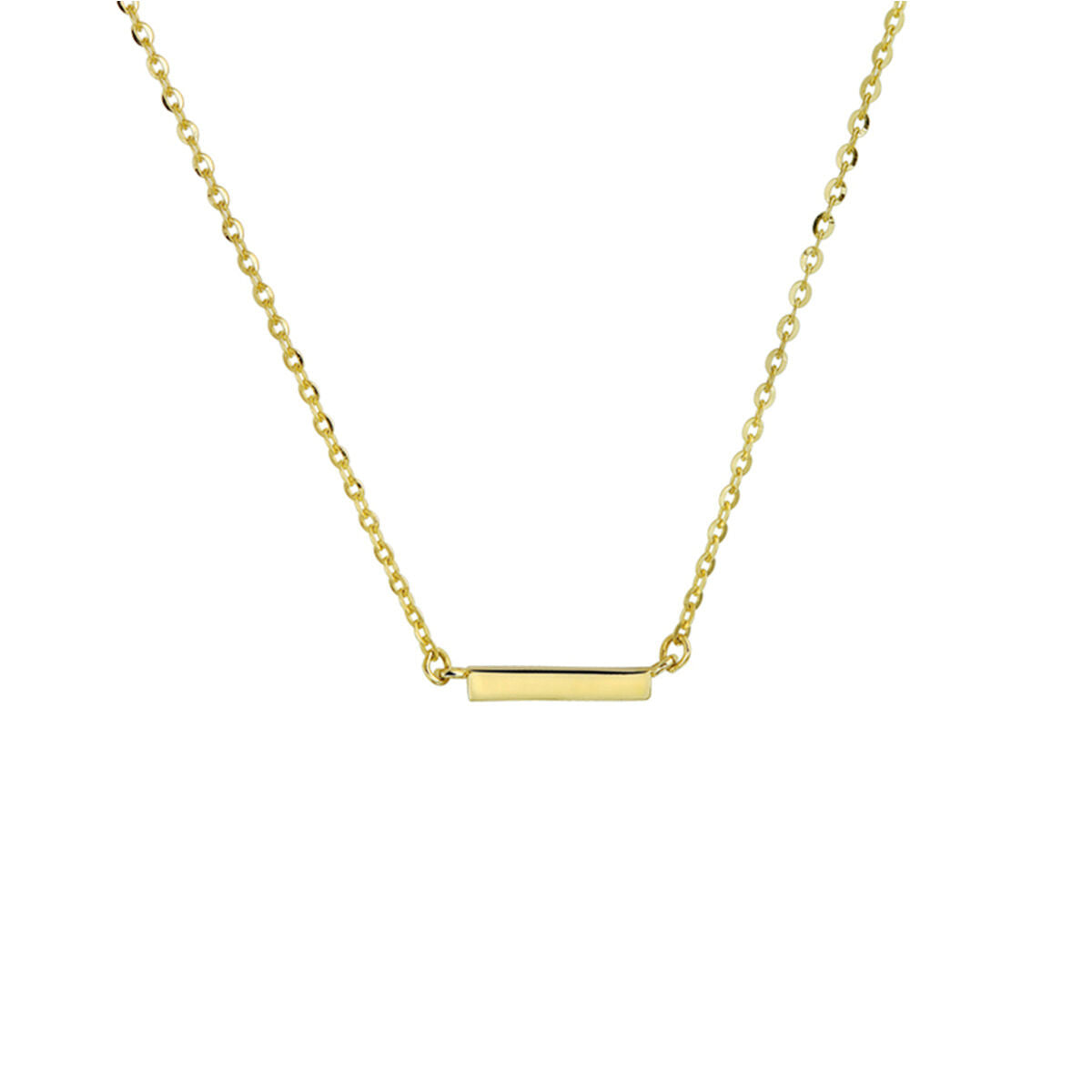 Het Van der Kooij Collectie collier balkje 41 + 4 cm is een delicate 14K geelgoud damesketting met een klein horizontaal balkje aan een ankerschakelketting, getoond tegen een witte achtergrond.