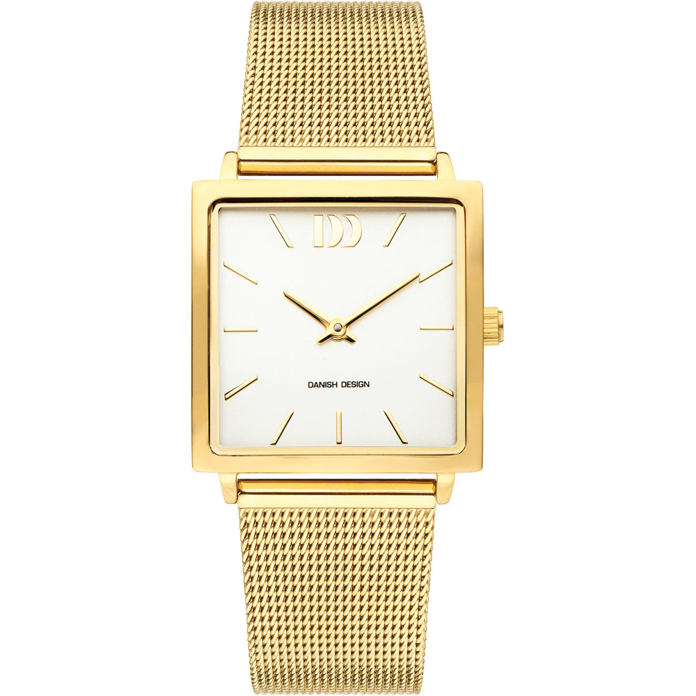 Gouden horloge met vierkante wijzerplaat, witte achtergrond en mesh-band.