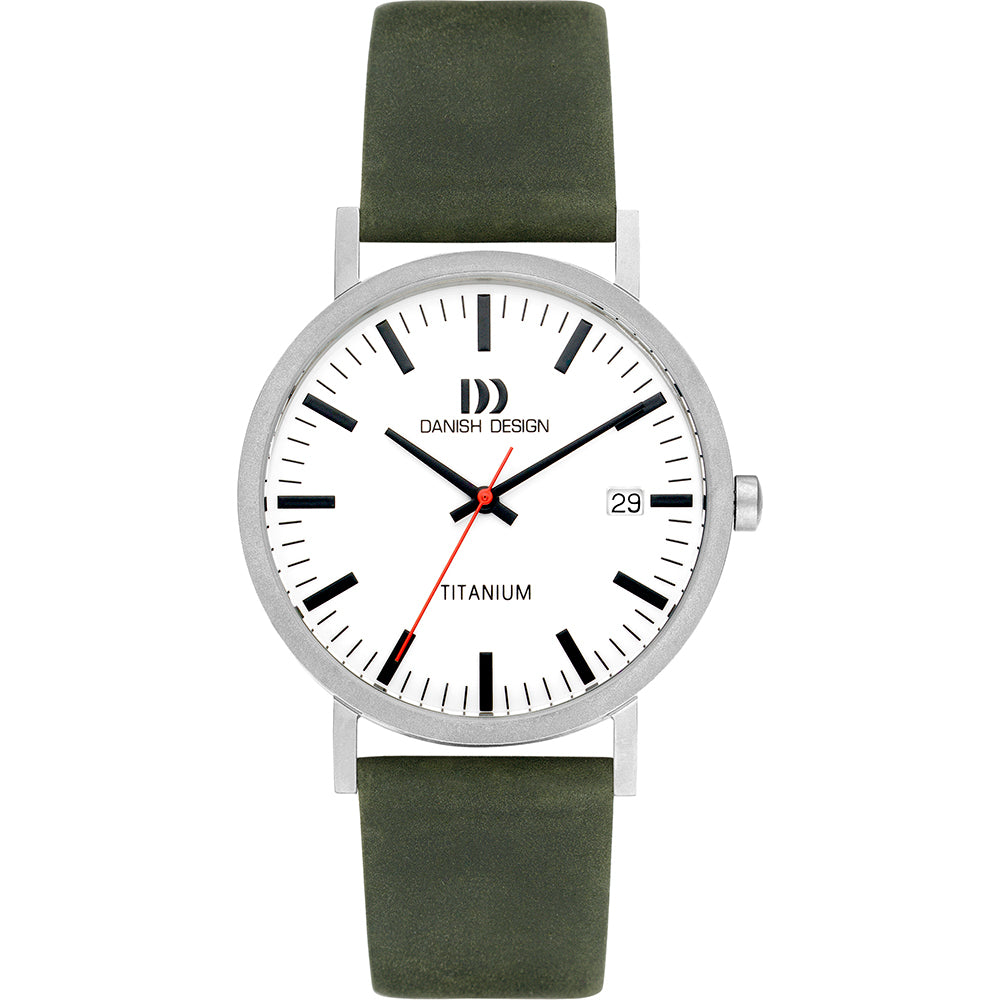 Titanium horloge met witte wijzerplaat, zwarte indexen en groene leren band.
