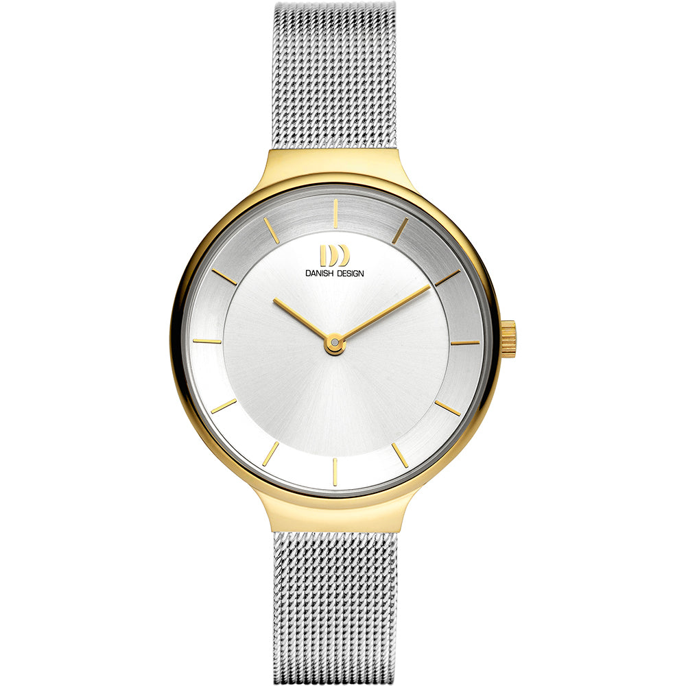 Gouden horloge met zilveren mesh-band en een witte wijzerplaat met gouden accenten.