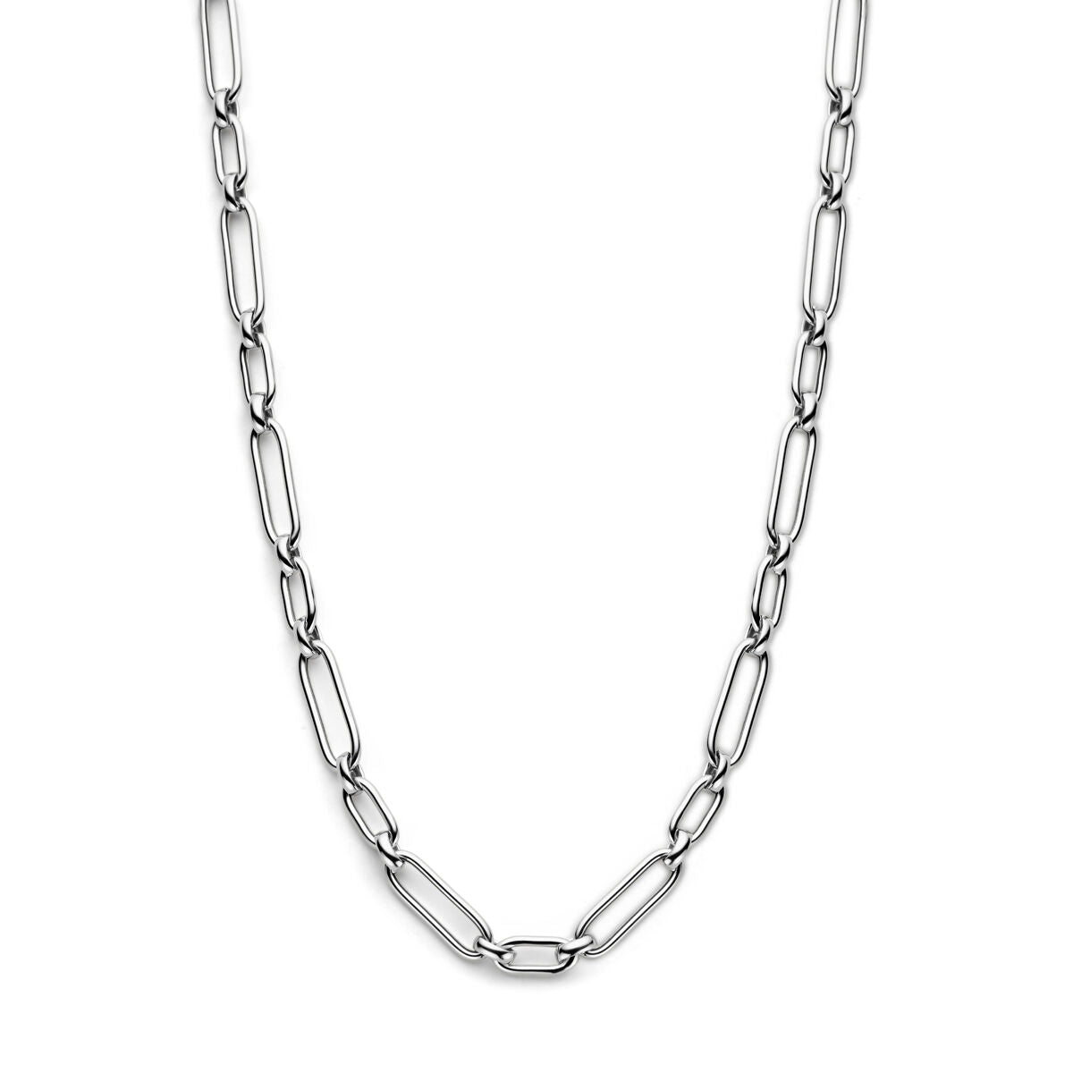Zilveren gerhodineerde ketting met een schakelpatroon van ovale schakels.
