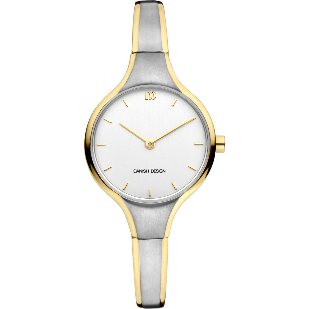 Gouden en zilveren horloge met een witte wijzerplaat en subtiele indexmarkeringen.