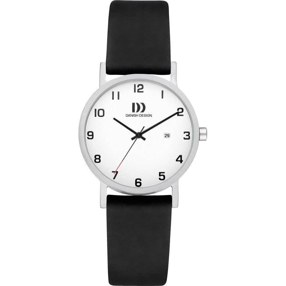 Zilveren horloge met witte wijzerplaat, zwarte leren band en eenvoudige cijfers.