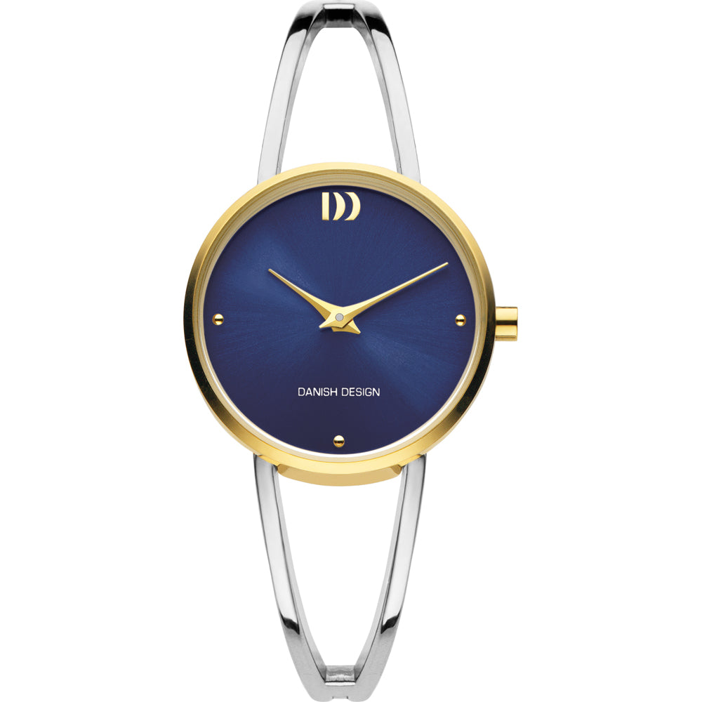 Gouden horloge met blauwe wijzerplaat en slanke zilveren band.