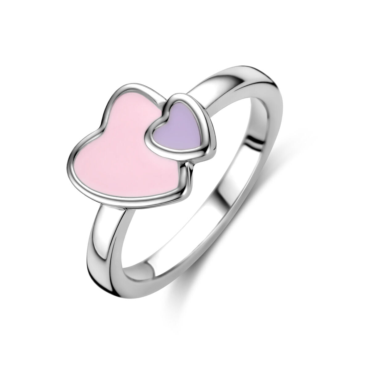 De Van der Kooij Collectie ring hartjes zilver gerhodineerd heeft twee naast elkaar geplaatste hartjes - één groter en roze, één kleiner en paars - op een gepolijste zilveren band. Ideaal voor kinderen die van speelse sieraden houden.