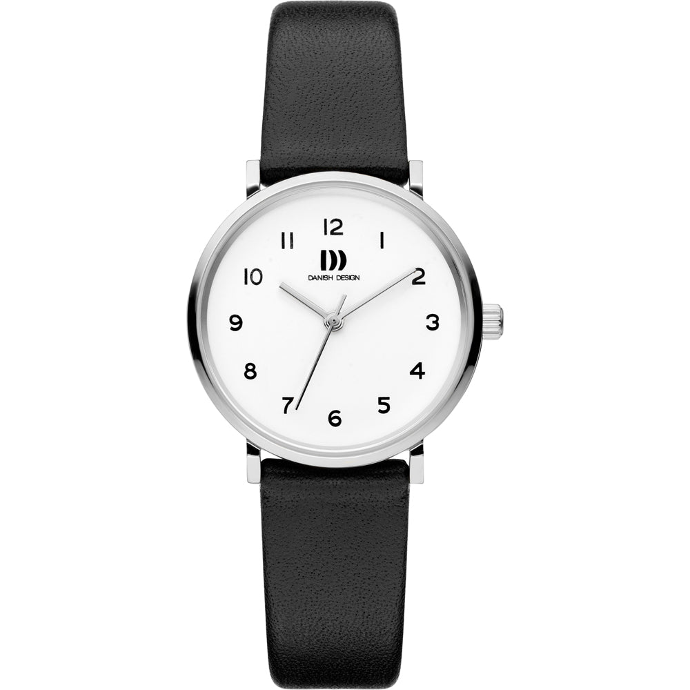 Zwart leren horloge met een ronde zilveren kast en een witte wijzerplaat met zwarte cijfers.