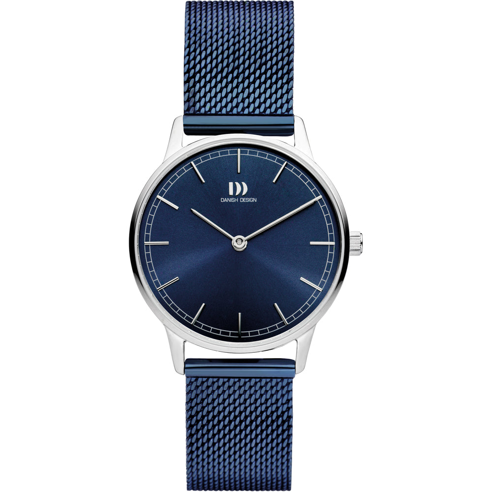 Zilveren horloge met een blauwe wijzerplaat en een mesh-band in blauw.