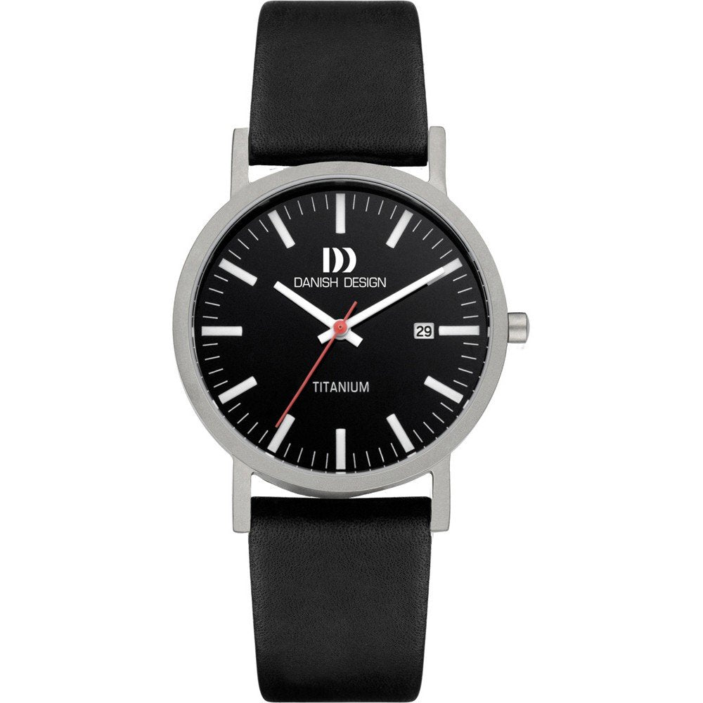 Zilveren titanium horloge met zwarte wijzerplaat en leren zwarte band, voorzien van datumaanduiding.