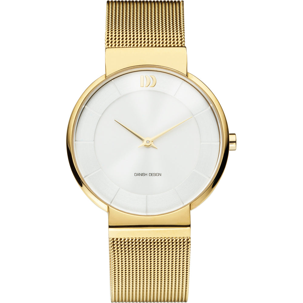 Gouden horloge met een witte wijzerplaat en een mesh-band.