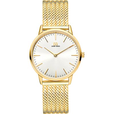 Gouden horloge met een witte wijzerplaat en een mesh-band.