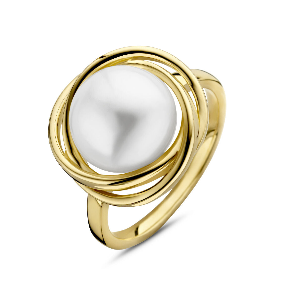 Een 14K geelgouden ring uit de Van der Kooij Collectie met een grote ronde zoetwaterparel in het midden, omgeven door verstrengelde gouden lussen, getoond op een witte achtergrond.