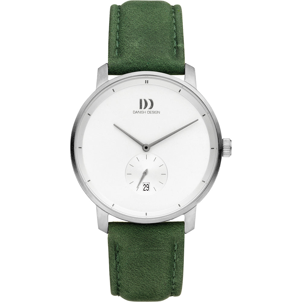 Zilveren horloge met witte wijzerplaat en groene leren band, inclusief datumweergave.