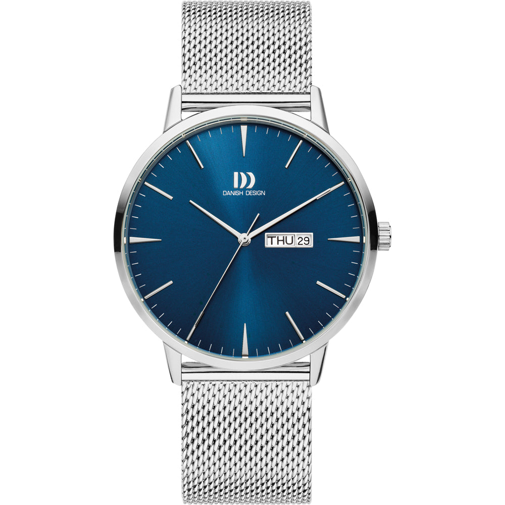 Zilveren horloge met een blauwe wijzerplaat, mesh-band en datumweergave.