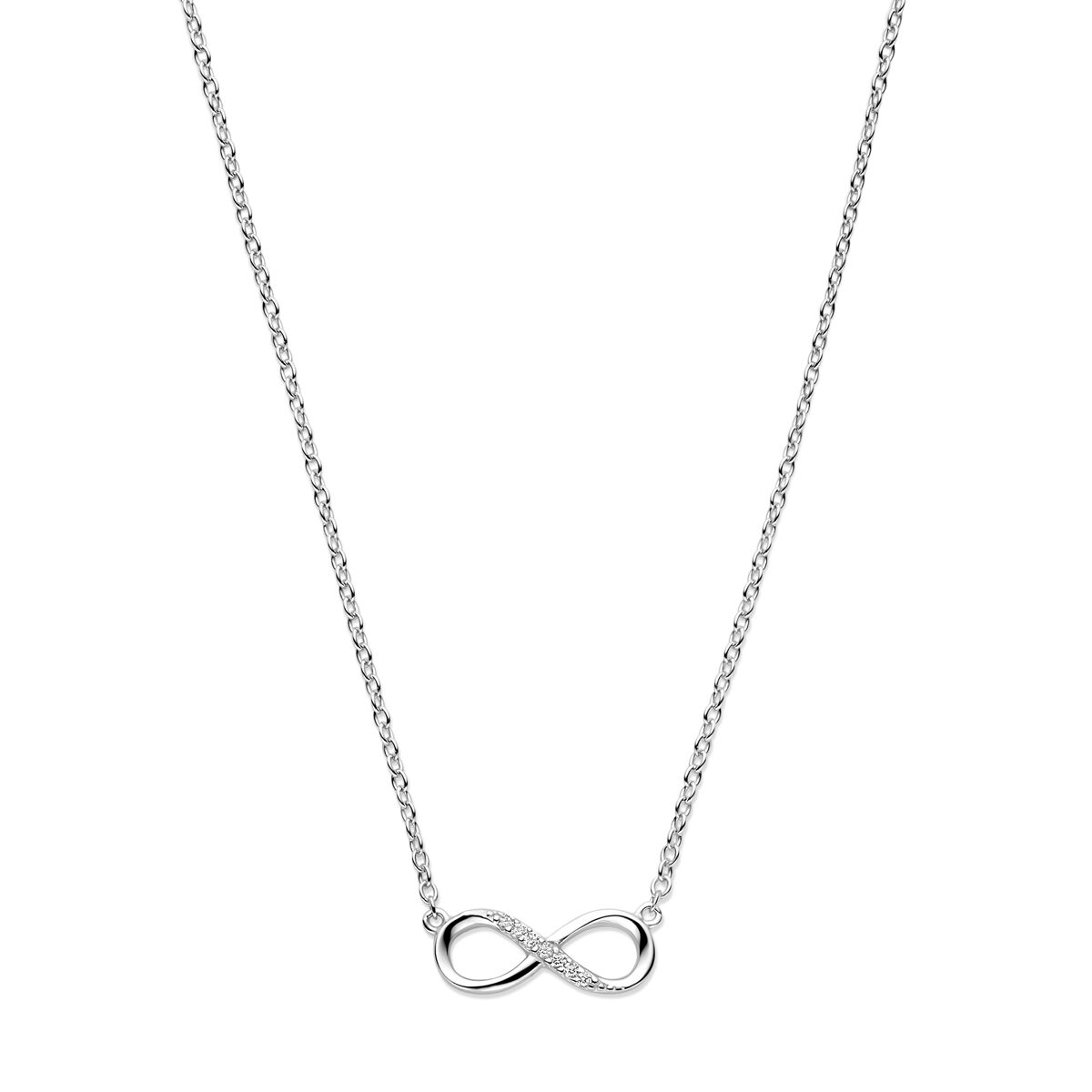 Zilveren gerhodineerde ketting met een infinity-symbool bezet met zirkonia.